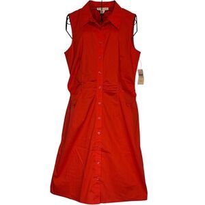 Coldwater Creek Shirt Dress 10 Red Orange Ruched Waist Sleeveless Button Front